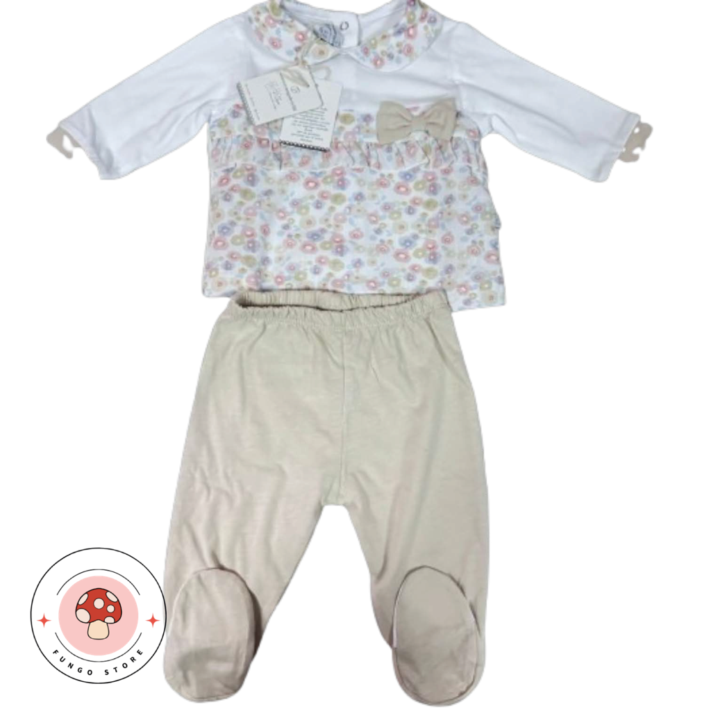 Coordinato Neonato 2 Pezzi – Maglia Fiori & Pantaloni Beige - Nazareno Gabrielli