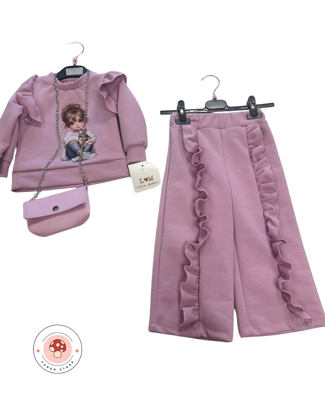 Completo fashion con balze e stampa girl style