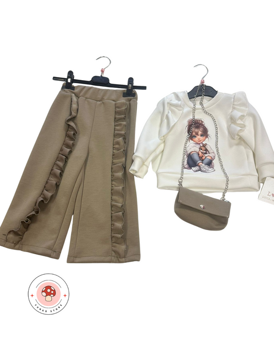 Completo fashion con balze e stampa girl style