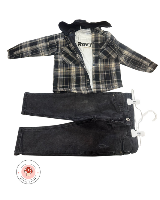 Completo casual con camicia a quadri e jeans neri